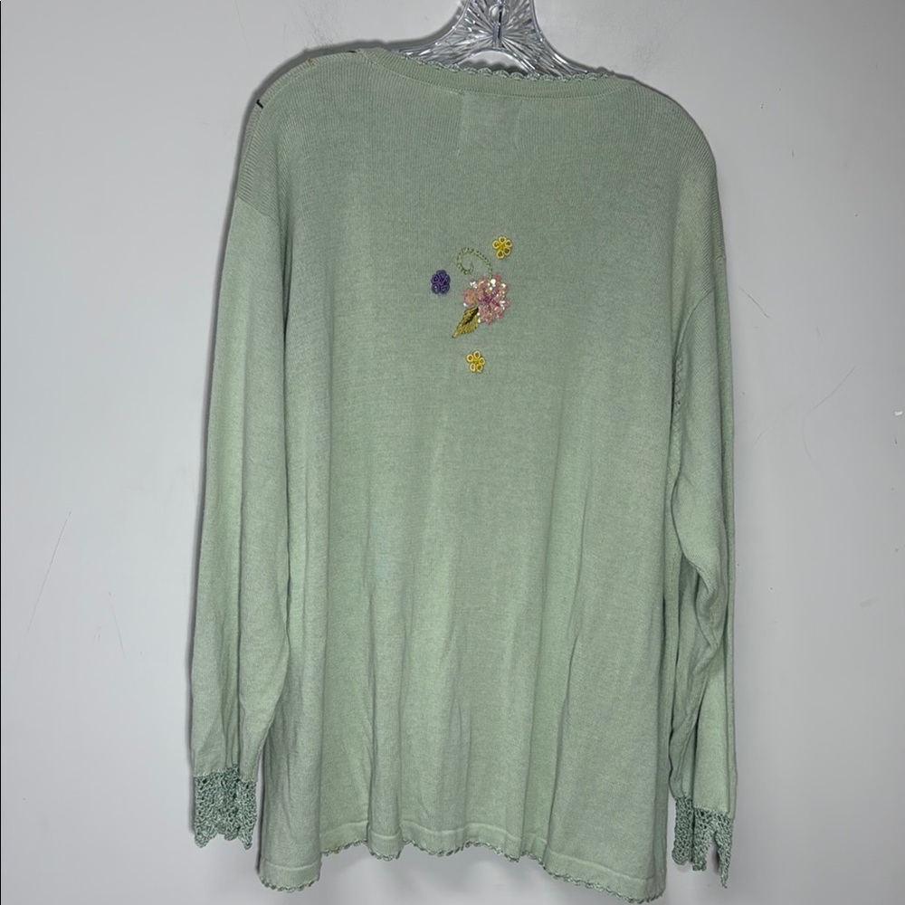 Storybook Knits Pastel Green Cardigan Floral Embroidery Sequins Plus Size 3X - Picture 5 of 12